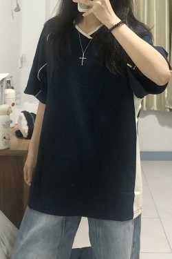 American Retro Color-Blocked V-Neck Short Sleeve T-Shirt for Women - Trendy Summer Sports College Style Top