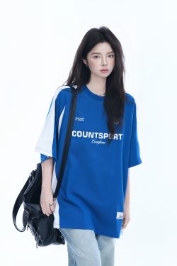 American Retro Color-Blocking Oversized Short-Sleeve T-Shirt for Women - Casual Sports Style, Y2K Inspired, Comfortable Fit