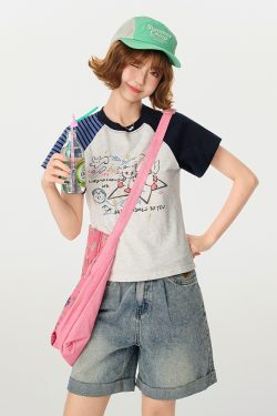 American Retro Color-Blocking Printed Raglan Short Sleeve T-Shirt for Women - Slim Fit Casual Summer Top