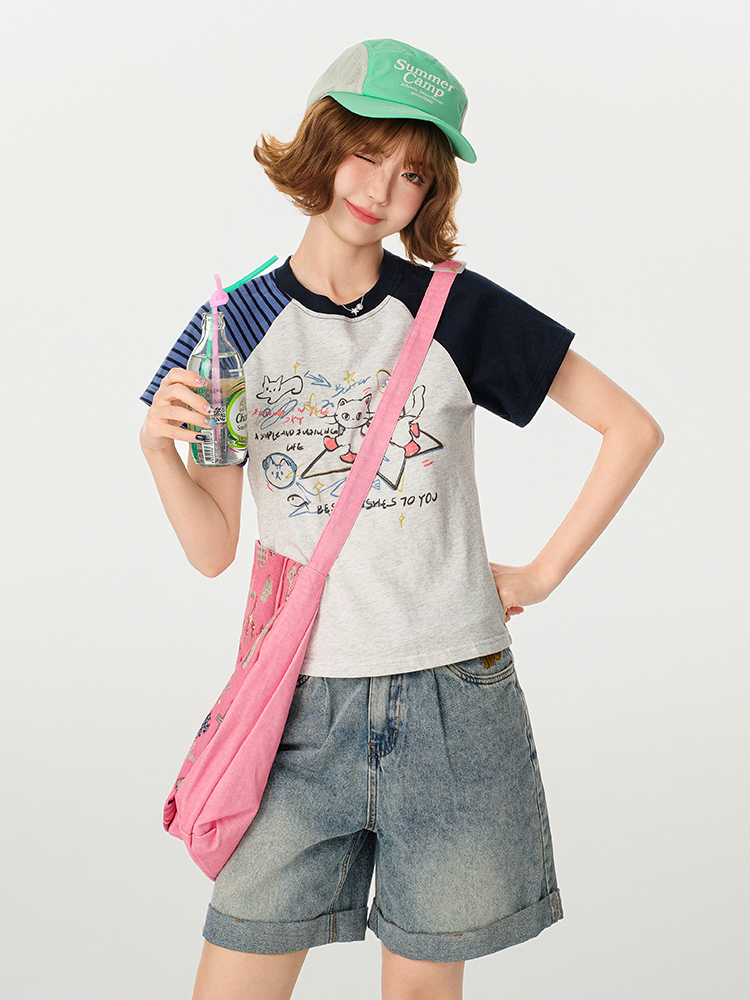 American Retro Color-Blocking Printed Raglan Short Sleeve T-Shirt for Women - Slim Fit Casual Summer Top American Retro Color-Blocking Printed Raglan Short Sleeve T-Shirt for Women - Slim Fit Casual Summer Top