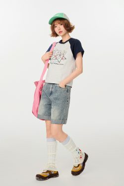 American Retro Color-Blocking Printed Raglan Short Sleeve T-Shirt for Women - Slim Fit Casual Summer Top