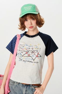 American Retro Color-Blocking Printed Raglan Short Sleeve T-Shirt for Women - Slim Fit Casual Summer Top