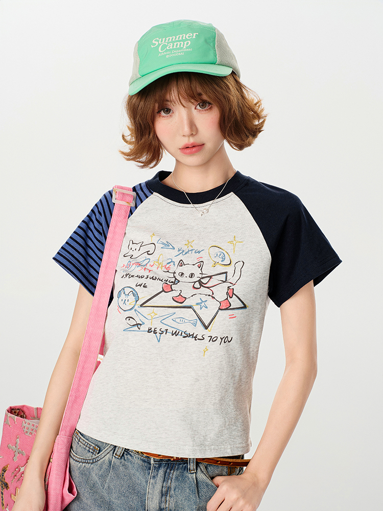 American Retro Color-Blocking Printed Raglan Short Sleeve T-Shirt for Women - Slim Fit Casual Summer Top American Retro Color-Blocking Printed Raglan Short Sleeve T-Shirt for Women - Slim Fit Casual Summer Top