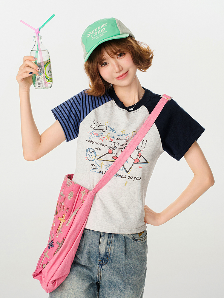 American Retro Color-Blocking Printed Raglan Short Sleeve T-Shirt for Women - Slim Fit Casual Summer Top American Retro Color-Blocking Printed Raglan Short Sleeve T-Shirt for Women - Slim Fit Casual Summer Top