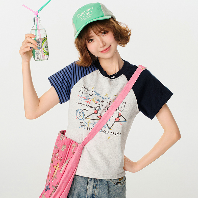 American Retro Color-Blocking Printed Raglan Short Sleeve T-Shirt for Women - Slim Fit Casual Summer Top American Retro Color-Blocking Printed Raglan Short Sleeve T-Shirt for Women - Slim Fit Casual Summer Top