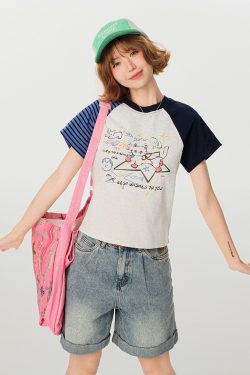 American Retro Color-Blocking Printed Raglan Short Sleeve T-Shirt for Women - Slim Fit Casual Summer Top