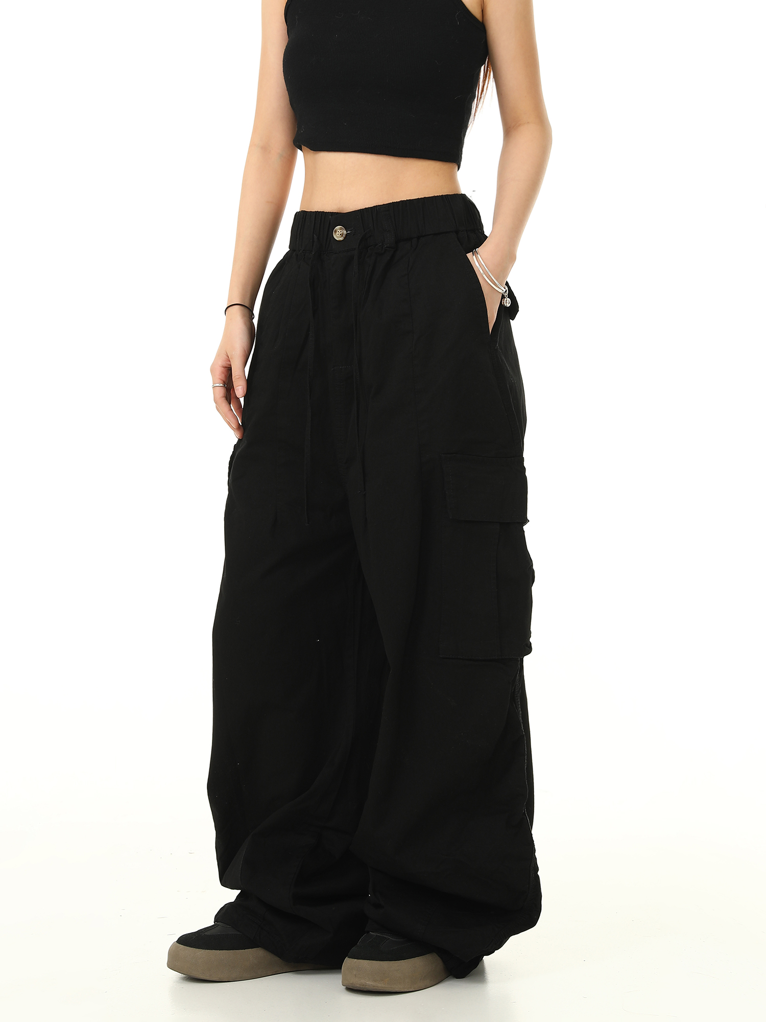 American Retro Cuffed Hip-Hop Cargo Pants for Men - Wide-Leg Floor-Length Streetwear Parachute Style Casual Trousers American Retro Cuffed Hip-Hop Cargo Pants for Men - Wide-Leg Floor-Length Streetwear Parachute Style Casual Trousers