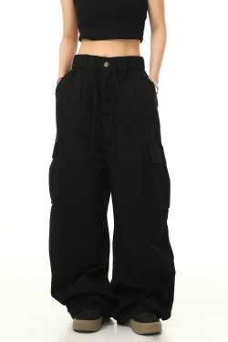 American Retro Cuffed Hip-Hop Cargo Pants for Men - Wide-Leg Floor-Length Streetwear Parachute Style Casual Trousers