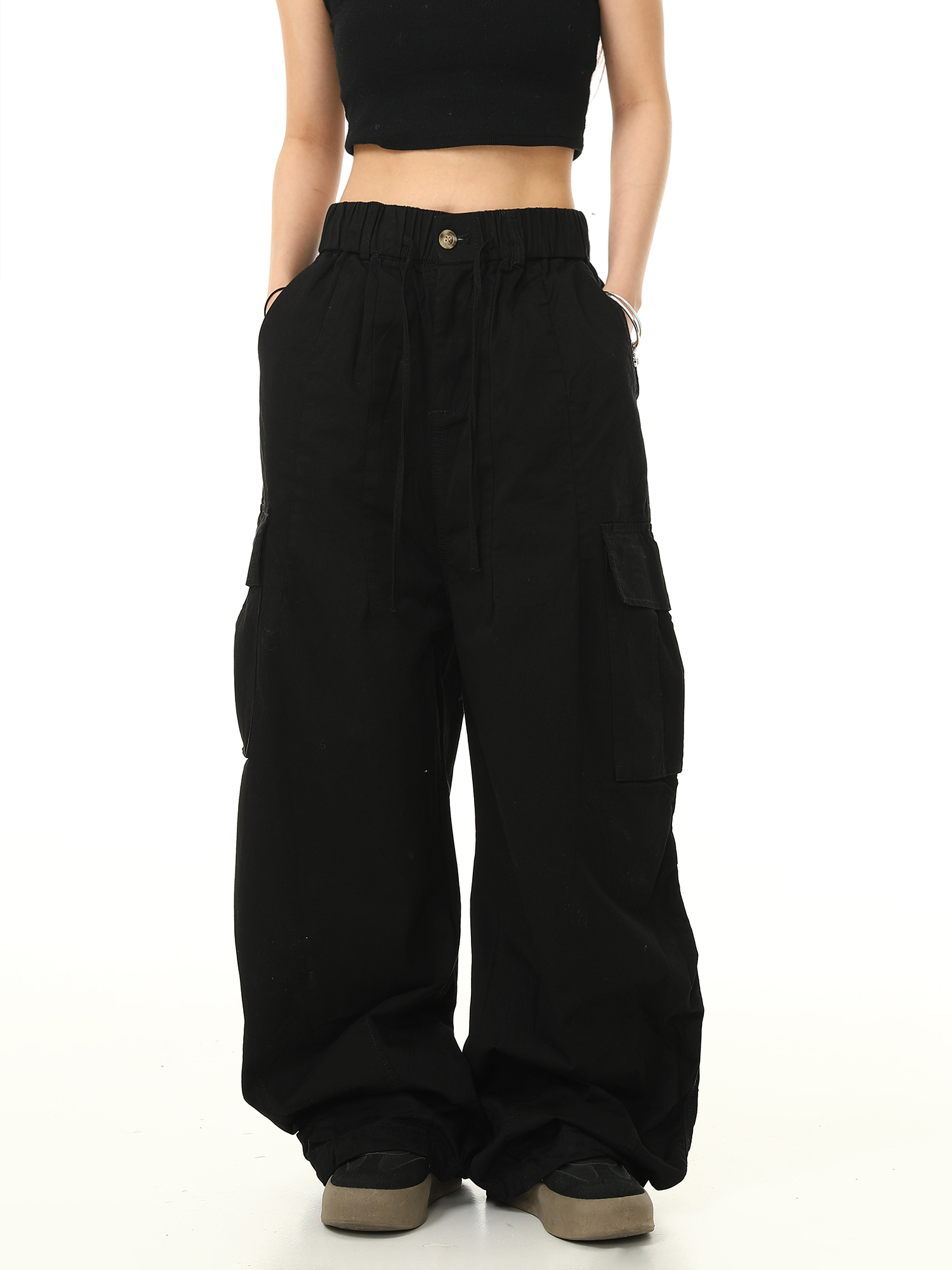 American Retro Cuffed Hip-Hop Cargo Pants for Men - Wide-Leg Floor-Length Streetwear Parachute Style Casual Trousers American Retro Cuffed Hip-Hop Cargo Pants for Men - Wide-Leg Floor-Length Streetwear Parachute Style Casual Trousers