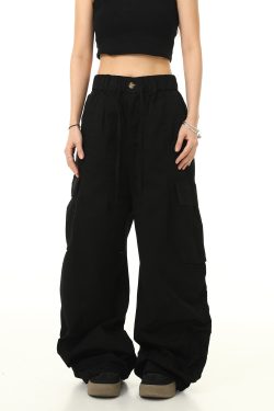 American Retro Cuffed Hip-Hop Cargo Pants for Men - Wide-Leg Floor-Length Streetwear Parachute Style Casual Trousers