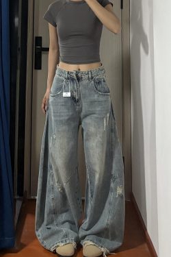 American Retro Curved Blade Wide-Leg Jeans for Men & Women, Loose Deconstructed Design, Washed Distressed Floor-Length Pants