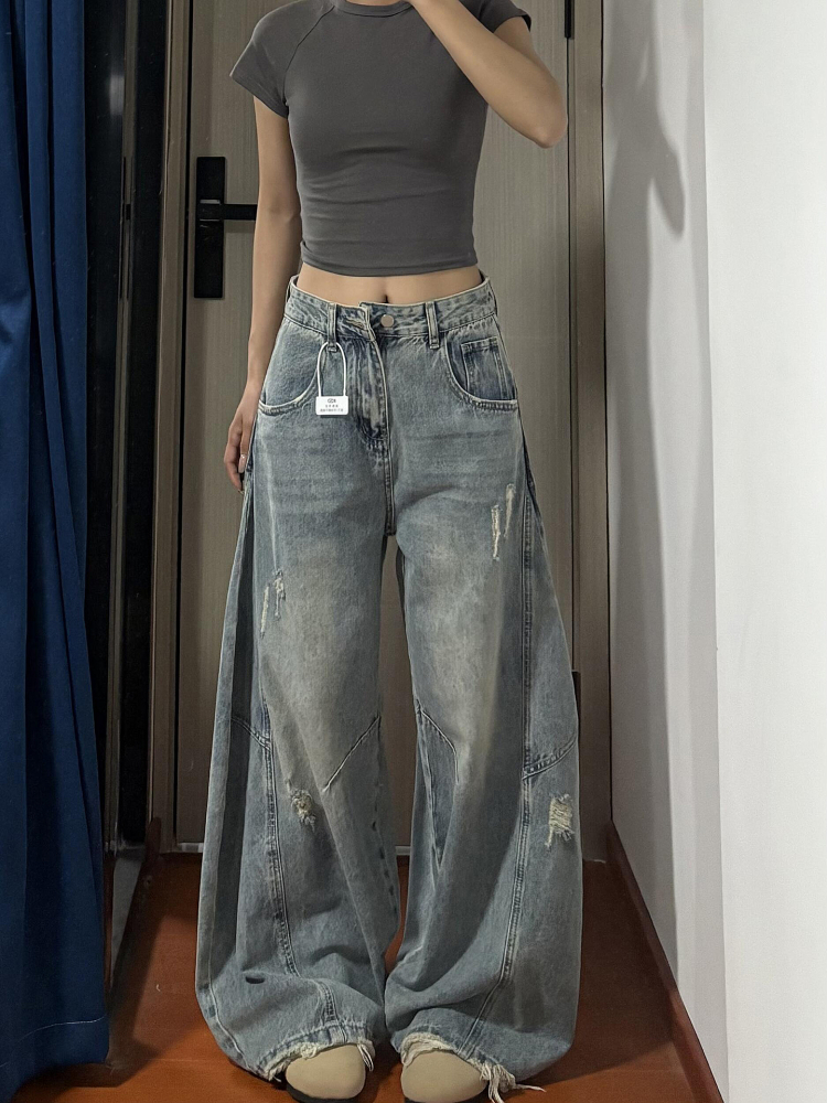 American Retro Curved Blade Wide-Leg Jeans for Men & Women, Loose Deconstructed Design, Washed Distressed Floor-Length Pants American Retro Curved Blade Wide-Leg Jeans for Men & Women, Loose Deconstructed Design, Washed Distressed Floor-Length Pants