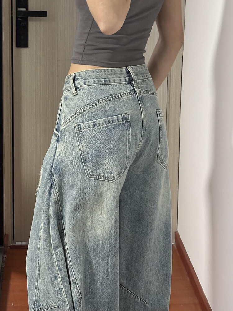 American Retro Curved Blade Wide-Leg Jeans for Men & Women, Loose Deconstructed Design, Washed Distressed Floor-Length Pants American Retro Curved Blade Wide-Leg Jeans for Men & Women, Loose Deconstructed Design, Washed Distressed Floor-Length Pants