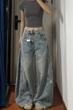 American Retro Curved Blade Wide-Leg Jeans for Men & Women, Loose Deconstructed Design, Washed Distressed Floor-Length Pants