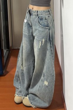 American Retro Curved Blade Wide-Leg Jeans for Men & Women, Loose Deconstructed Design, Washed Distressed Floor-Length Pants