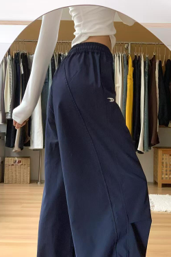 American Retro Dark Blue Wide-Leg Cargo Pants for Women - Casual Straight-Leg Sports Trousers with Drawstring, Floor-Length for Spring Autumn