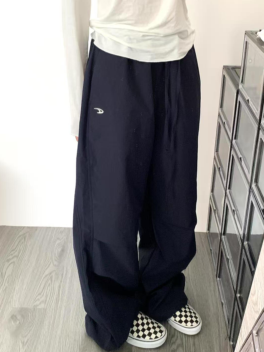 American Retro Dark Blue Wide-Leg Cargo Pants for Women - Casual Straight-Leg Sports Trousers with Drawstring, Floor-Length for Spring Autumn American Retro Dark Blue Wide-Leg Cargo Pants for Women - Casual Straight-Leg Sports Trousers with Drawstring, Floor-Length for Spring Autumn