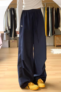 American Retro Dark Blue Wide-Leg Cargo Pants for Women - Casual Straight-Leg Sports Trousers with Drawstring, Floor-Length for Spring Autumn