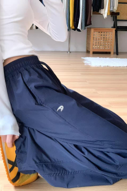 American Retro Dark Blue Wide-Leg Cargo Pants for Women - Casual Straight-Leg Sports Trousers with Drawstring, Floor-Length for Spring Autumn