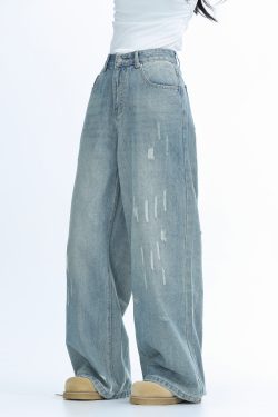 American Retro Distressed Ripped Denim Pants for Women - Washed Loose Slim Wide-Leg Trousers, Trendy Y2K Hot Girl Style