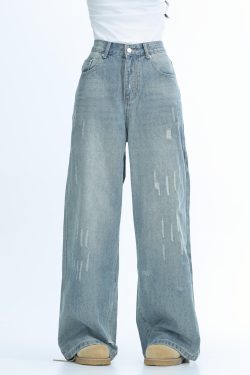 American Retro Distressed Ripped Denim Pants for Women - Washed Loose Slim Wide-Leg Trousers, Trendy Y2K Hot Girl Style