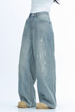 American Retro Distressed Ripped Denim Pants for Women - Washed Loose Slim Wide-Leg Trousers, Trendy Y2K Hot Girl Style