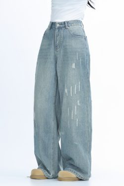 American Retro Distressed Ripped Denim Pants for Women - Washed Loose Slim Wide-Leg Trousers, Trendy Y2K Hot Girl Style