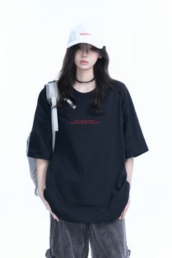 American Retro Embroidered Black Short-Sleeve T-Shirt for Women - Oversized Loose Fit, Trendy Summer Style
