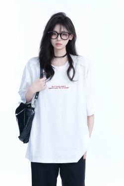 American Retro Embroidered Black Short-Sleeve T-Shirt for Women - Oversized Loose Fit, Trendy Summer Style