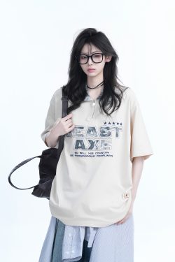 American Retro Embroidered Half-Zip Collar Oversized Short-Sleeve T-Shirt for Women - Casual Y2K Style Top