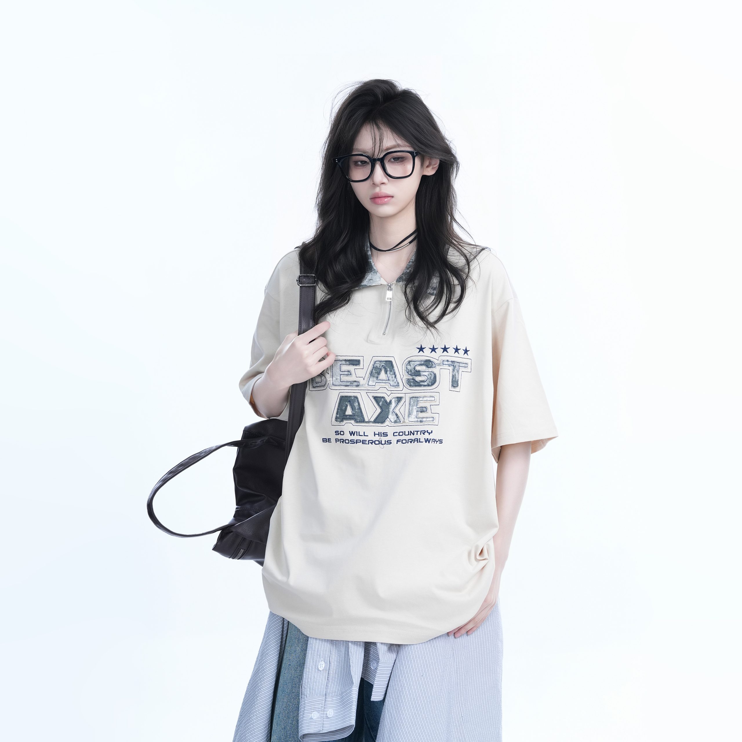 American Retro Embroidered Half-Zip Collar Oversized Short-Sleeve T-Shirt for Women - Casual Y2K Style Top American Retro Embroidered Half-Zip Collar Oversized Short-Sleeve T-Shirt for Women - Casual Y2K Style Top