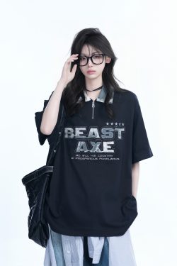 American Retro Embroidered Half-Zip Collar Oversized Short-Sleeve T-Shirt for Women - Casual Y2K Style Top