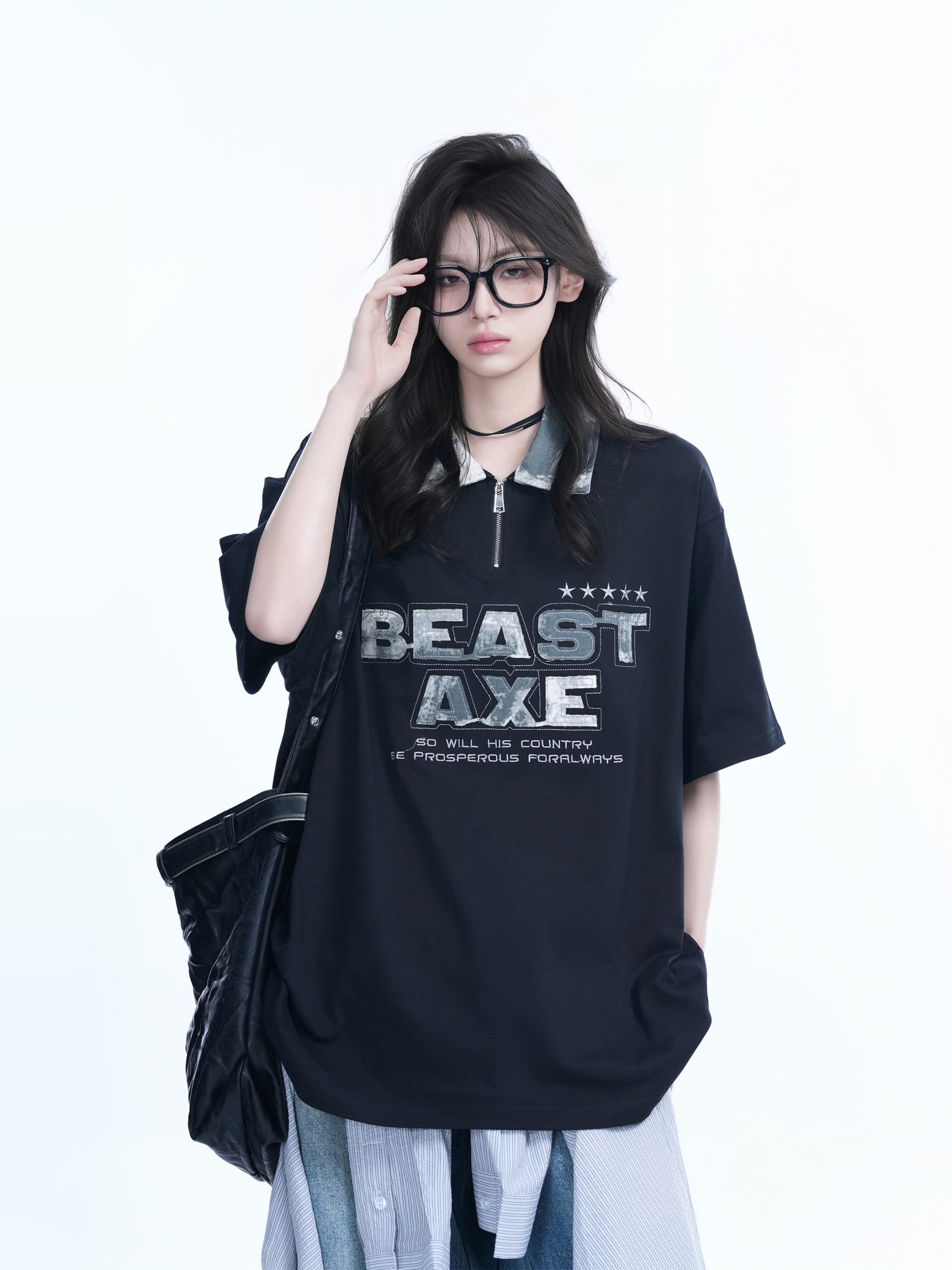 American Retro Embroidered Half-Zip Collar Oversized Short-Sleeve T-Shirt for Women - Casual Y2K Style Top American Retro Embroidered Half-Zip Collar Oversized Short-Sleeve T-Shirt for Women - Casual Y2K Style Top