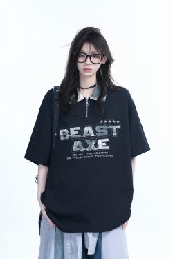 American Retro Embroidered Half-Zip Collar Oversized Short-Sleeve T-Shirt for Women - Casual Y2K Style Top