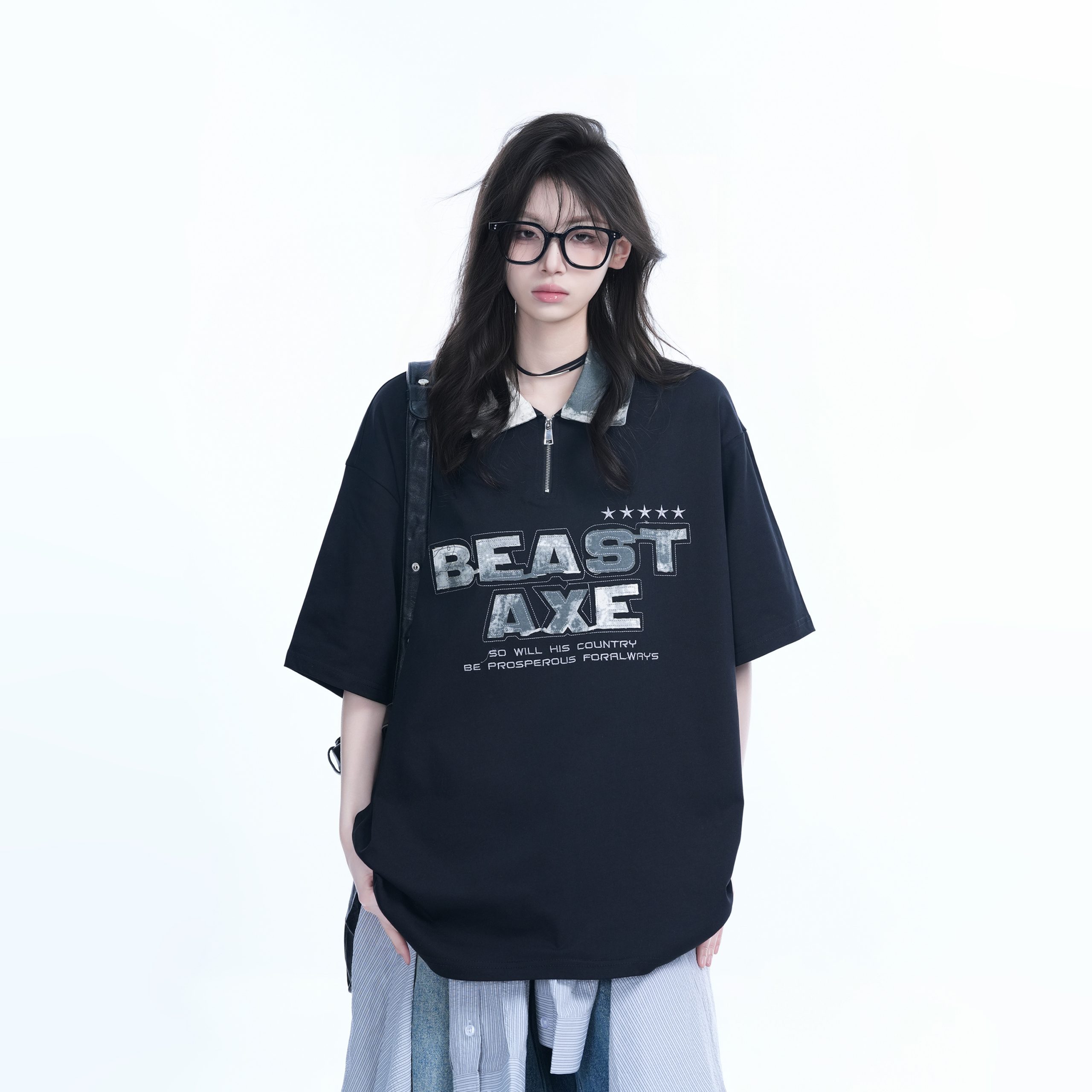 American Retro Embroidered Half-Zip Collar Oversized Short-Sleeve T-Shirt for Women - Casual Y2K Style Top American Retro Embroidered Half-Zip Collar Oversized Short-Sleeve T-Shirt for Women - Casual Y2K Style Top