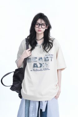 American Retro Embroidered Half-Zip Collar Oversized Short-Sleeve T-Shirt for Women - Casual Y2K Style Top