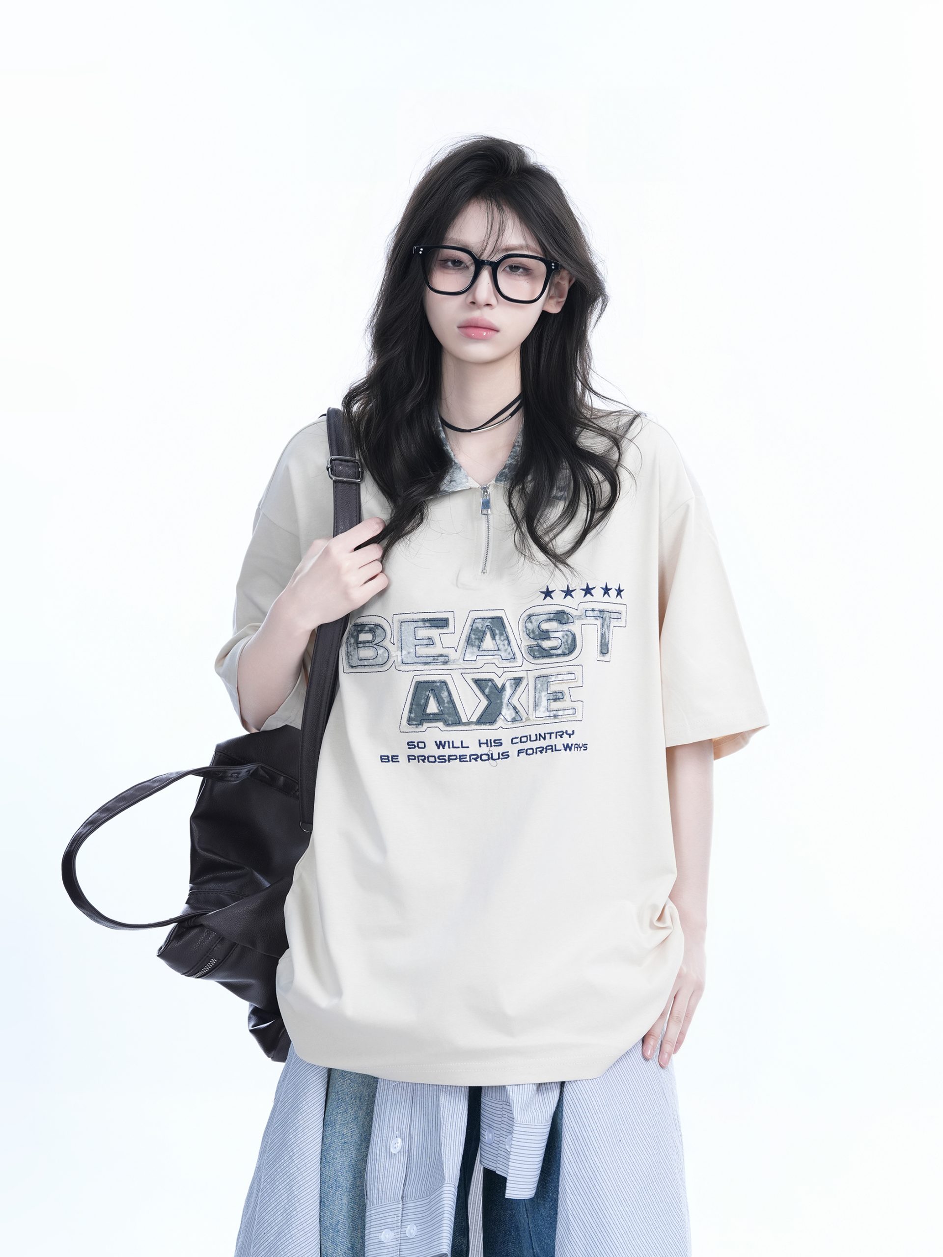 American Retro Embroidered Half-Zip Collar Oversized Short-Sleeve T-Shirt for Women - Casual Y2K Style Top American Retro Embroidered Half-Zip Collar Oversized Short-Sleeve T-Shirt for Women - Casual Y2K Style Top