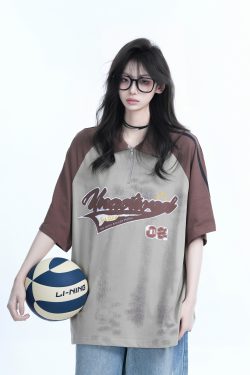 American Retro Embroidered Half-Zip Collar Short Sleeve T-Shirt for Women, Loose Fit, Trendy Vintage Style