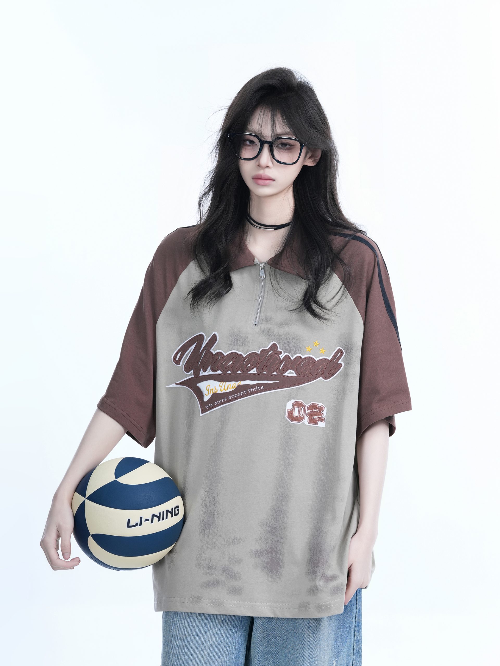 American Retro Embroidered Half-Zip Collar Short Sleeve T-Shirt for Women, Loose Fit, Trendy Vintage Style American Retro Embroidered Half-Zip Collar Short Sleeve T-Shirt for Women, Loose Fit, Trendy Vintage Style