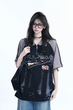 American Retro Embroidered Half-Zip Collar Short Sleeve T-Shirt for Women, Loose Fit, Trendy Vintage Style