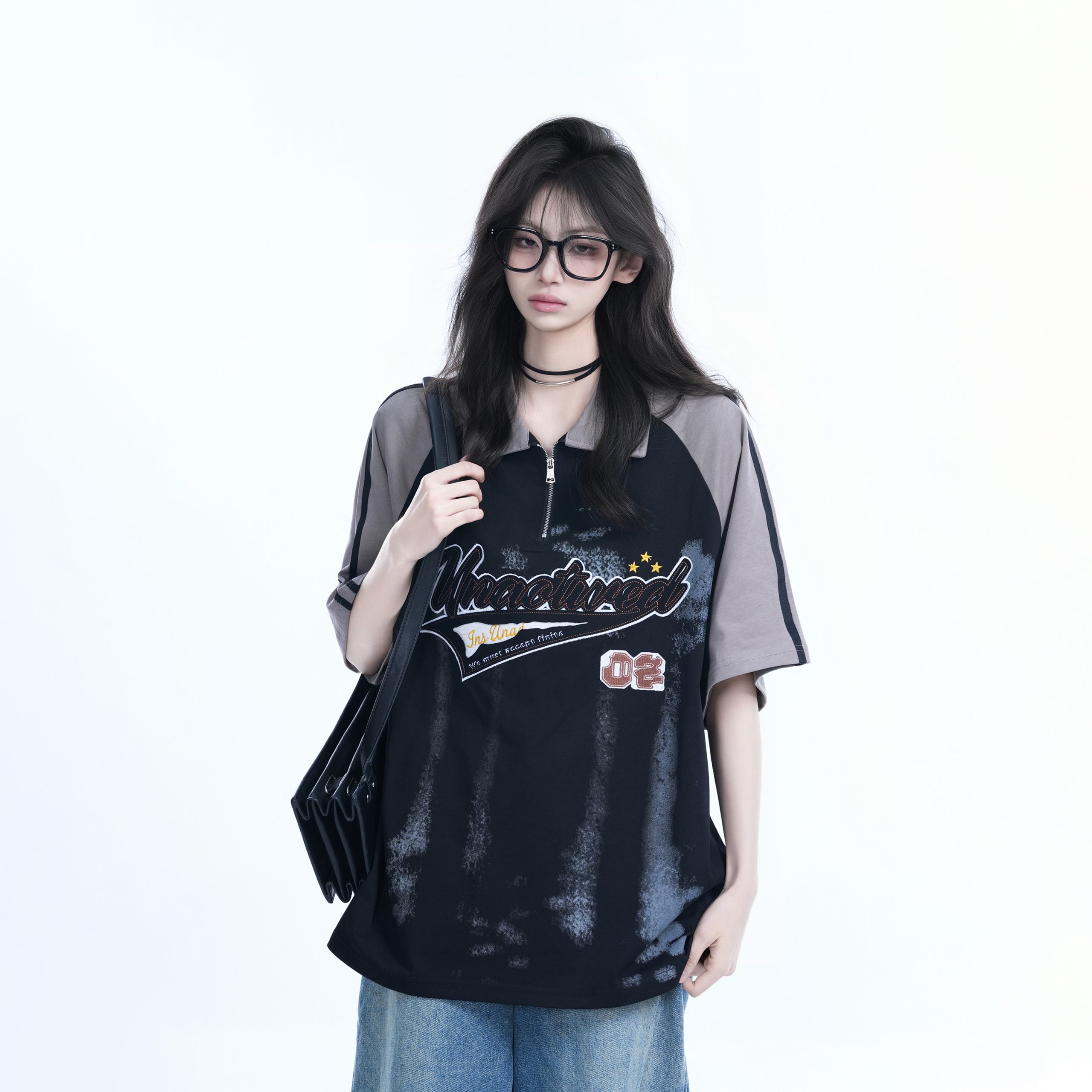 American Retro Embroidered Half-Zip Collar Short Sleeve T-Shirt for Women, Loose Fit, Trendy Vintage Style American Retro Embroidered Half-Zip Collar Short Sleeve T-Shirt for Women, Loose Fit, Trendy Vintage Style