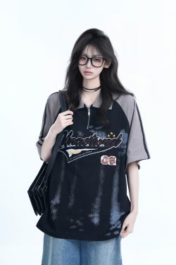 American Retro Embroidered Half-Zip Collar Short Sleeve T-Shirt for Women, Loose Fit, Trendy Vintage Style