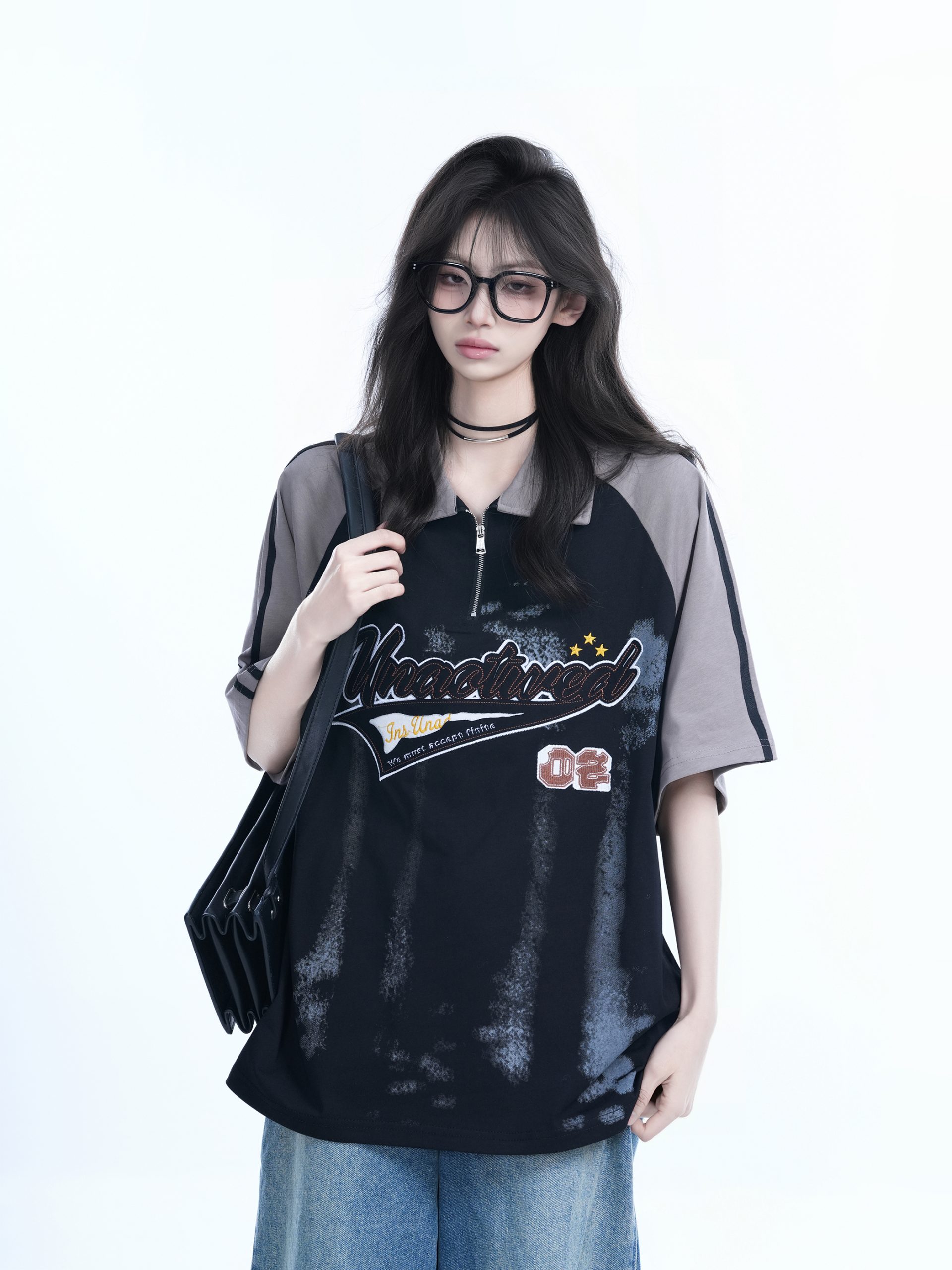 American Retro Embroidered Half-Zip Collar Short Sleeve T-Shirt for Women, Loose Fit, Trendy Vintage Style American Retro Embroidered Half-Zip Collar Short Sleeve T-Shirt for Women, Loose Fit, Trendy Vintage Style