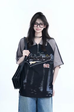 American Retro Embroidered Half-Zip Collar Short Sleeve T-Shirt for Women, Loose Fit, Trendy Vintage Style