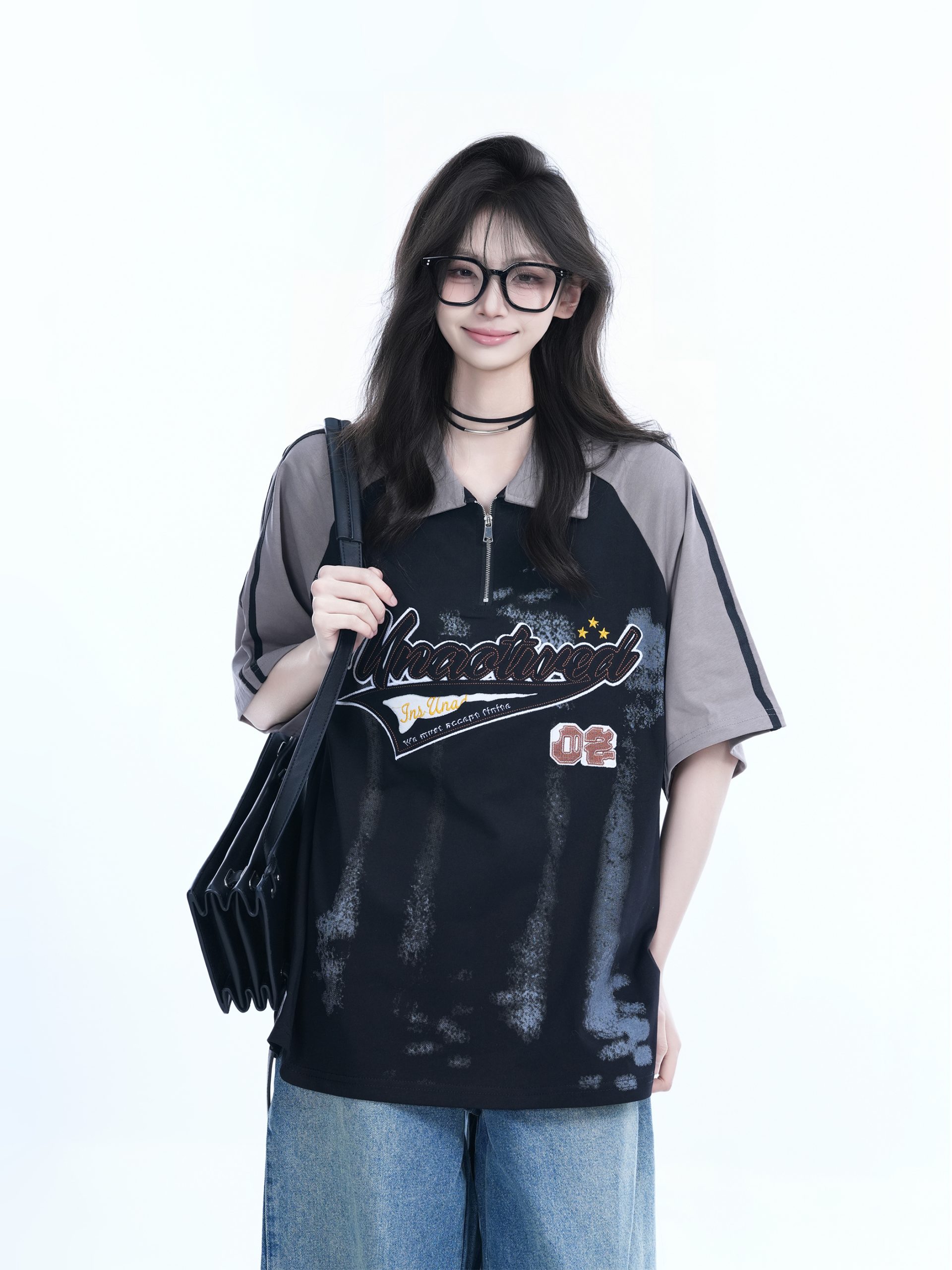 American Retro Embroidered Half-Zip Collar Short Sleeve T-Shirt for Women, Loose Fit, Trendy Vintage Style American Retro Embroidered Half-Zip Collar Short Sleeve T-Shirt for Women, Loose Fit, Trendy Vintage Style