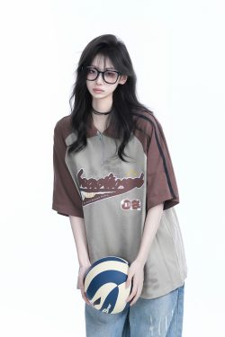 American Retro Embroidered Half-Zip Collar Short Sleeve T-Shirt for Women, Loose Fit, Trendy Vintage Style