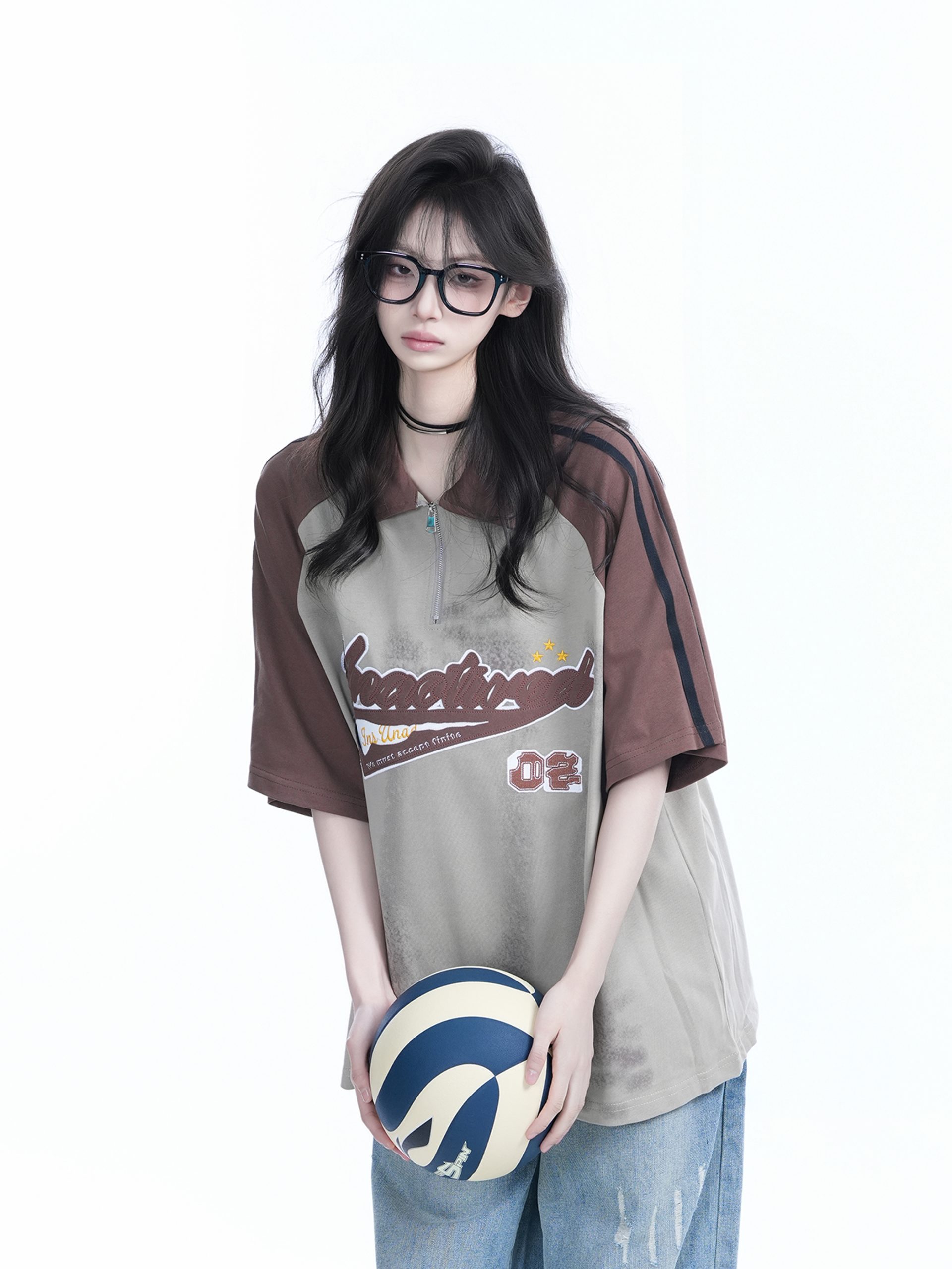 American Retro Embroidered Half-Zip Collar Short Sleeve T-Shirt for Women, Loose Fit, Trendy Vintage Style American Retro Embroidered Half-Zip Collar Short Sleeve T-Shirt for Women, Loose Fit, Trendy Vintage Style