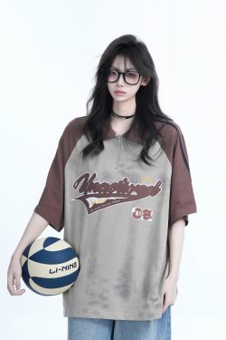 American Retro Embroidered Half-Zip Collar Short Sleeve T-Shirt for Women, Loose Fit, Trendy Vintage Style