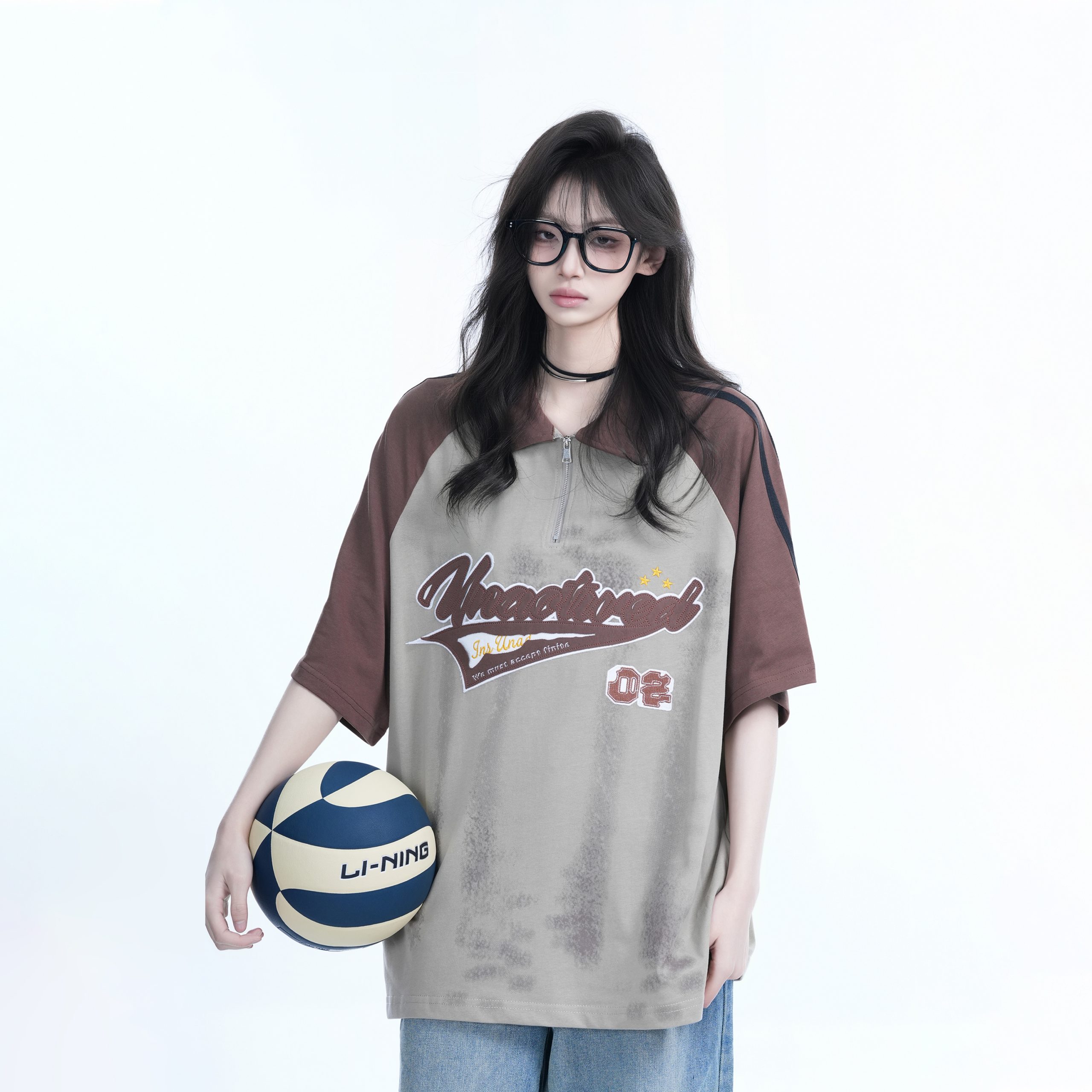 American Retro Embroidered Half-Zip Collar Short Sleeve T-Shirt for Women, Loose Fit, Trendy Vintage Style American Retro Embroidered Half-Zip Collar Short Sleeve T-Shirt for Women, Loose Fit, Trendy Vintage Style