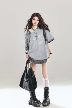 American Retro Embroidered Off-Shoulder Short Sleeve T-Shirt for Women, Summer 2025 Loose Faux Two-Piece Shoulder-Baring Top